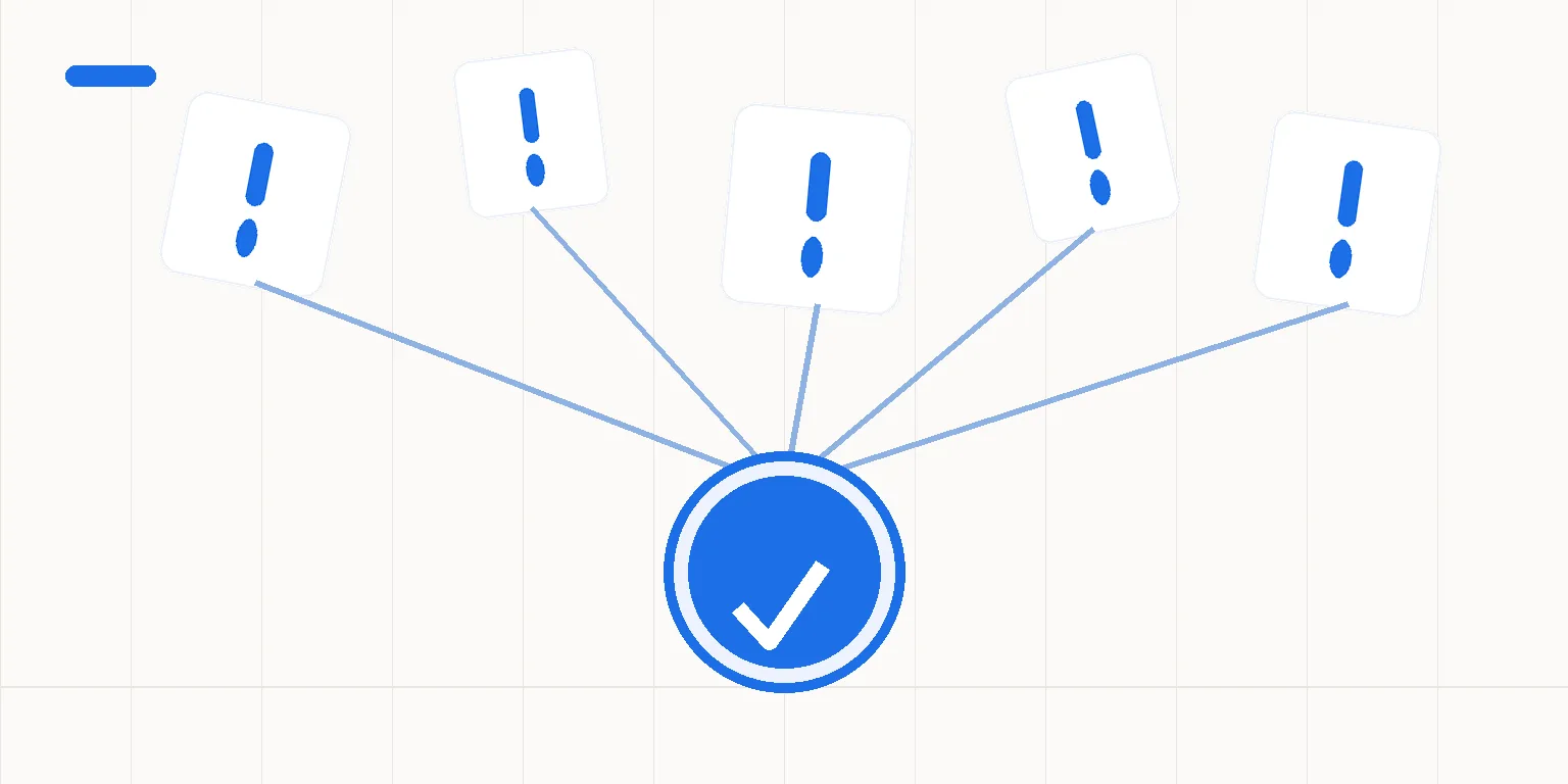 Abstract illustration of five warning flags converging into one clean checkmark circle, the five signs of automation