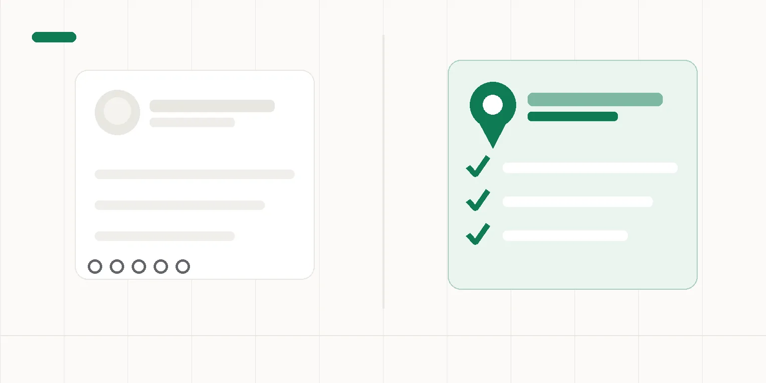 Abstract illustration of two profile cards side by side: a faded, faceless card on the left, and a green card with a map pin and checked-off rows on the right