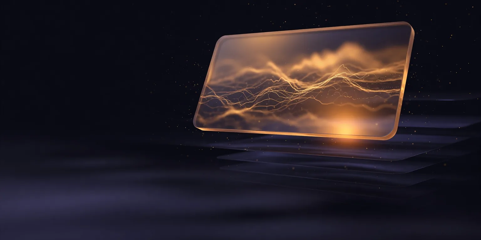 Abstract illustration of Google AI Overviews: one large glowing glass panel dominating the dim layers below