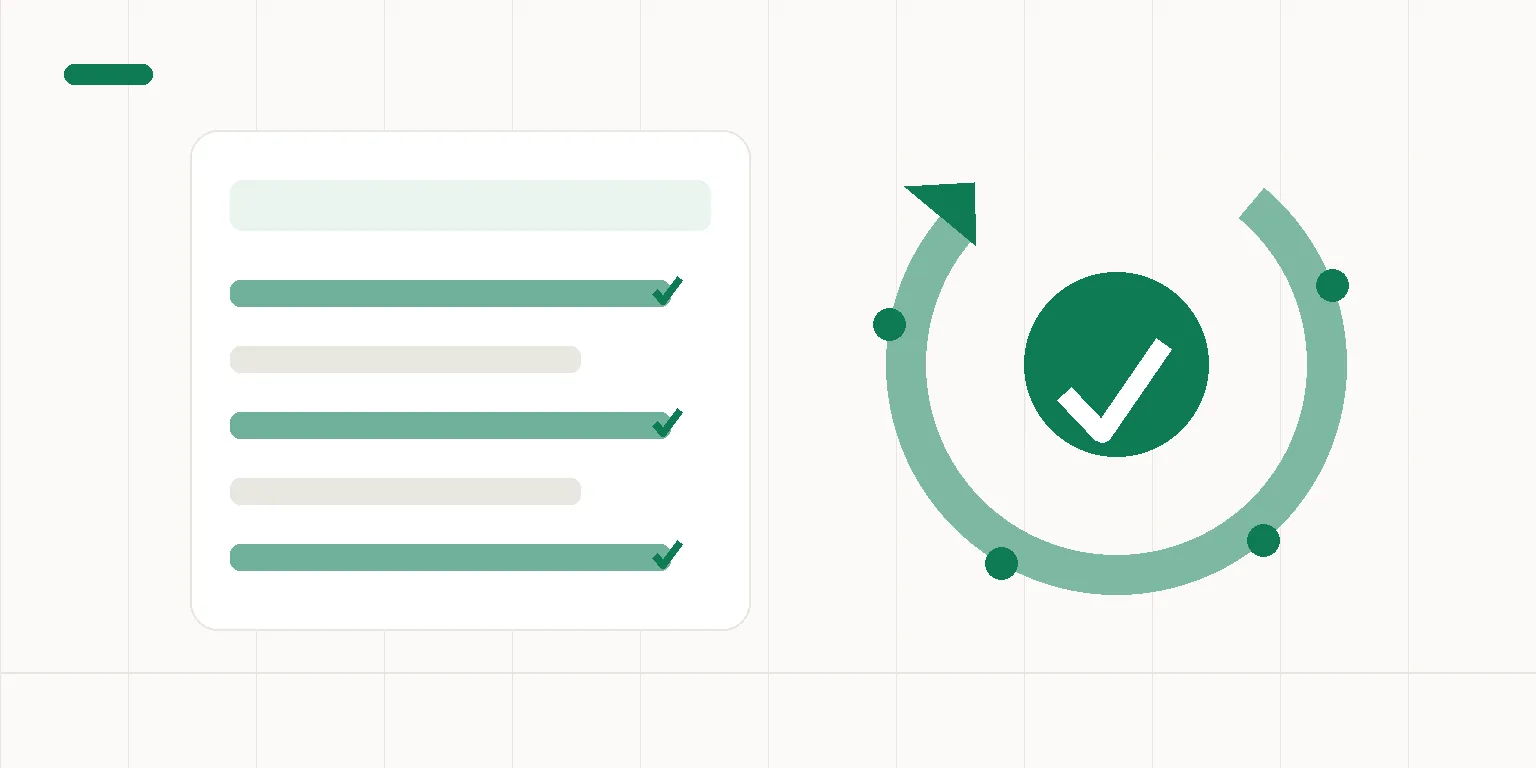 Abstract illustration: a calendar card with recurring highlighted rows and a continuous update cycle around a checkmark
