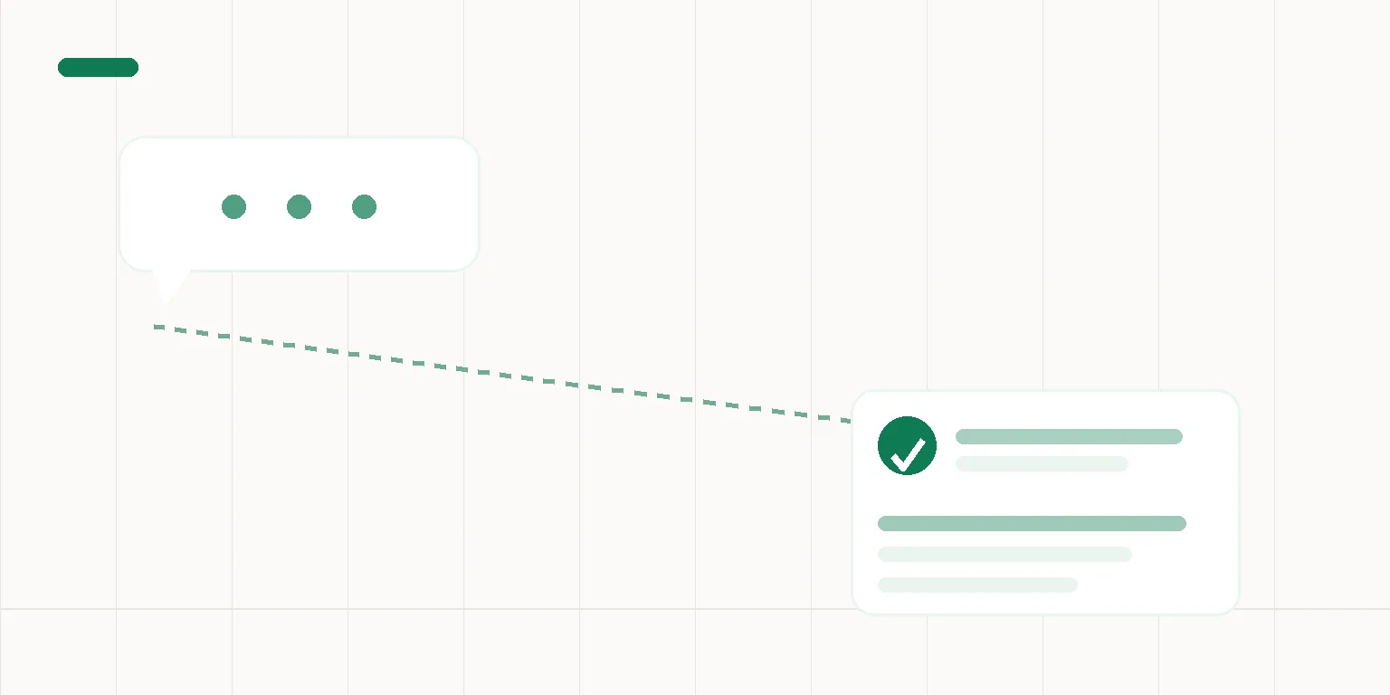 Abstract illustration of a question bubble connected by a dashed line to a highlighted business card, GEO optimization