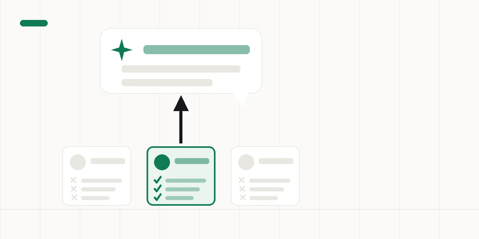 Abstract illustration of three business cards, with one carrying clear structured data rising into the AI's answer