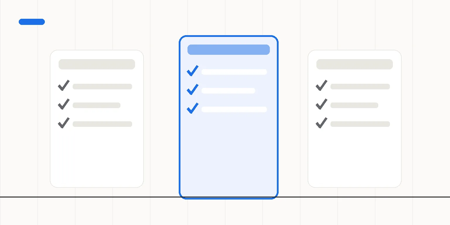 Abstract illustration: three card stacks side by side, the middle one highlighted with a thicker frame
