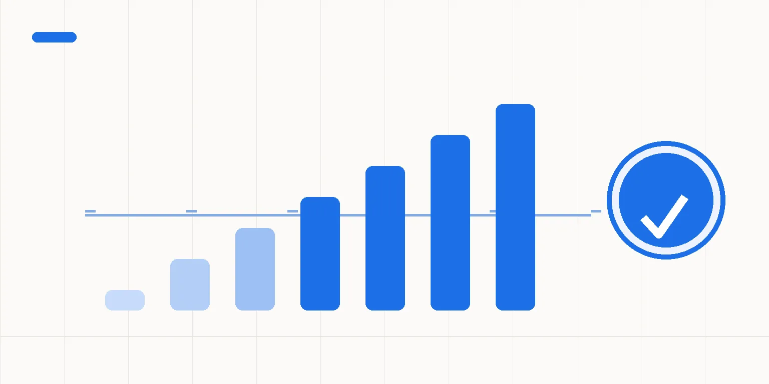 Abstract illustration of a rising row of bars crossing a cost line and ending in a checkmark circle, automation payback