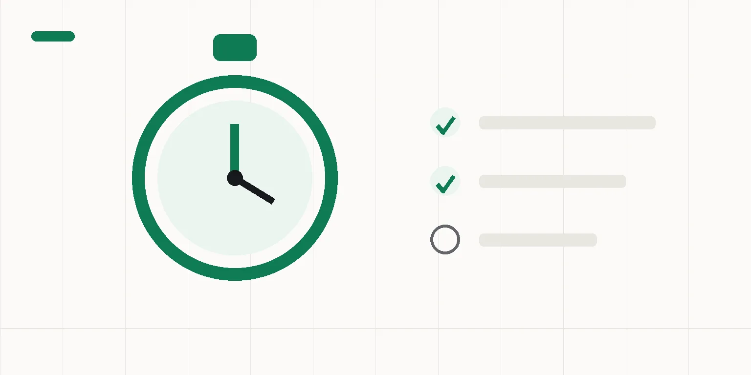 Abstract illustration: a stopwatch and a checklist with two items ticked — the 5-minute AI visibility check