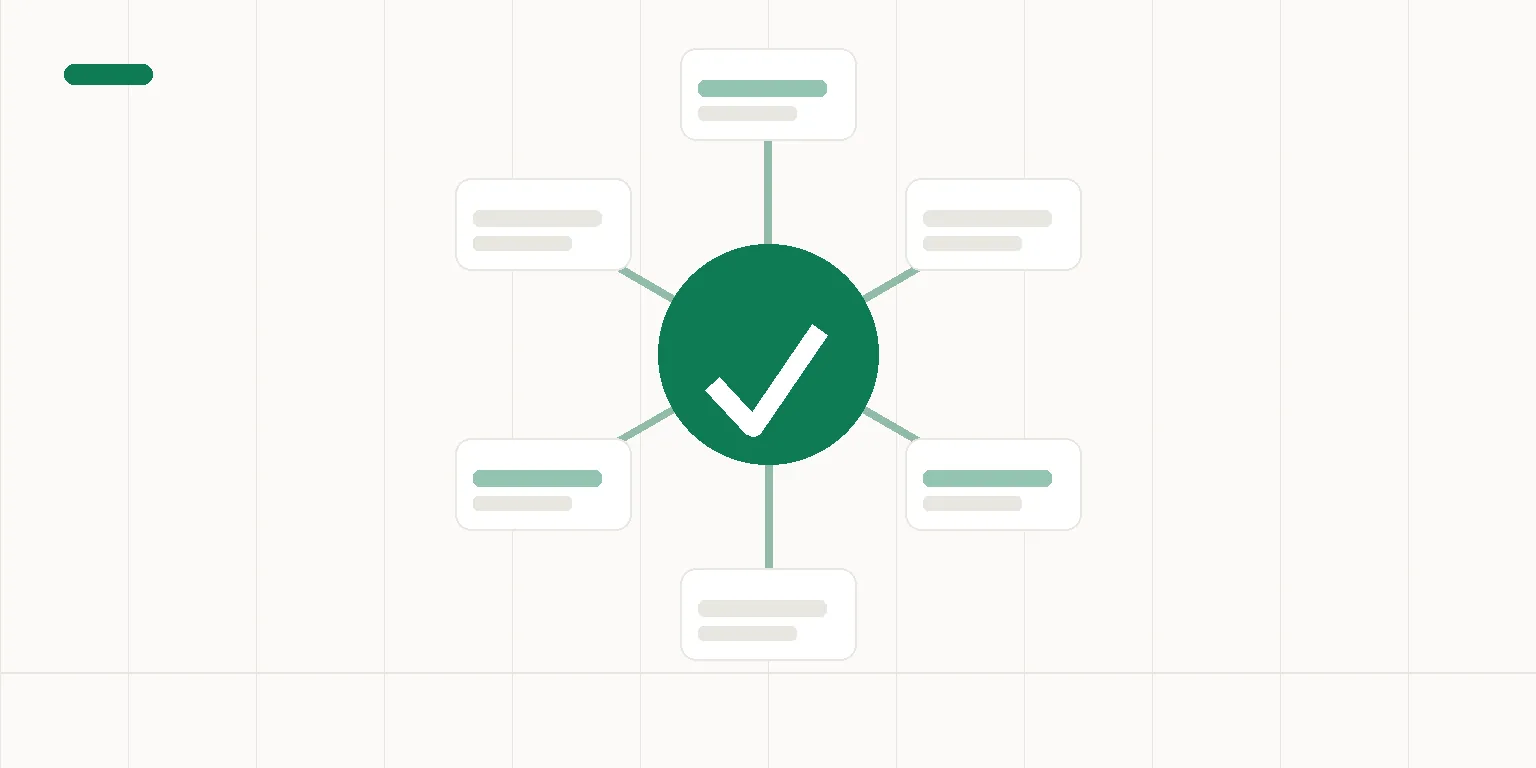 Abstract illustration of a central checked node radiating outward to six cards — one visibility hub feeding several AI channels