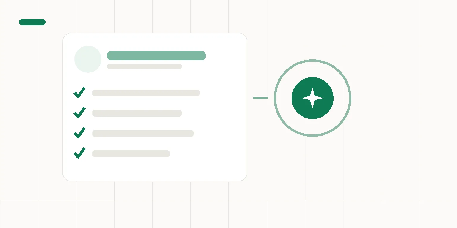Abstract illustration of a structured About page card with checkmarks, being scanned by an AI eye beside it